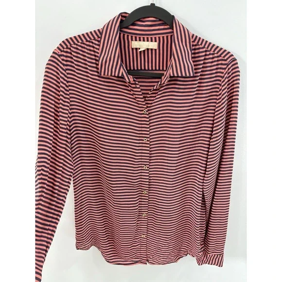 Banana Republic Womens 100% Silk Blouse Medium Pink Navy Striped Sheer - Picture 5 of 10